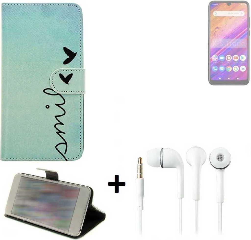 K-S-Trade Schutz Hülle Handy Hülle kompatibel mit BLU J6S 360° Wallet Case Schutz Hülle “smile“ inkl. Ohrstöpsel Smartphone cover Flipstyle