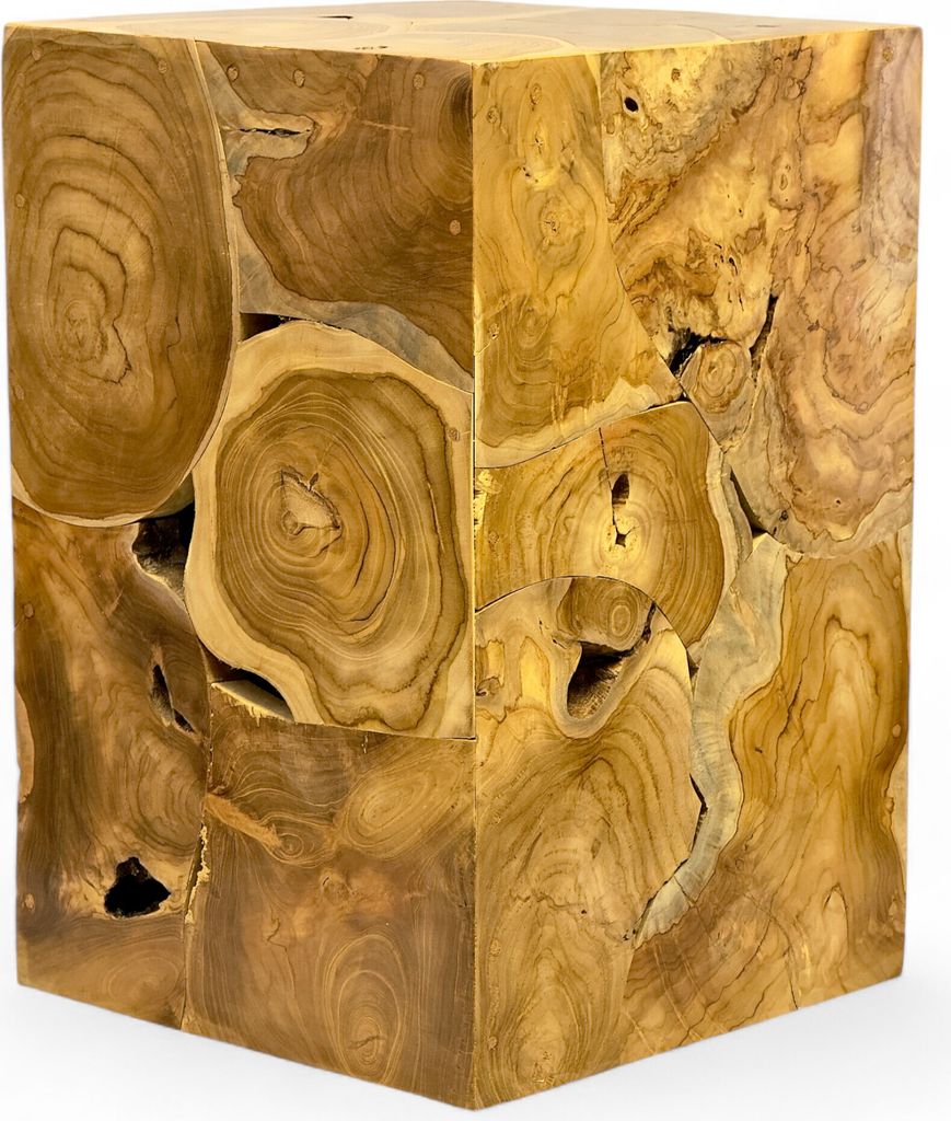 A close-up, studio shot of a wooden cube-shaped table.