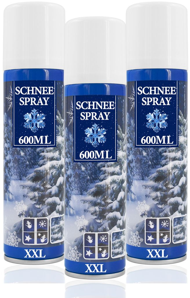 Three cans of snow spray are arranged side-by-side against a white background.