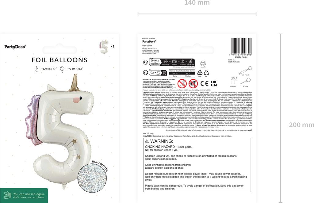 Folienballon Einhorn Ziffer 5 - 93cm - Weiß Gold Pink