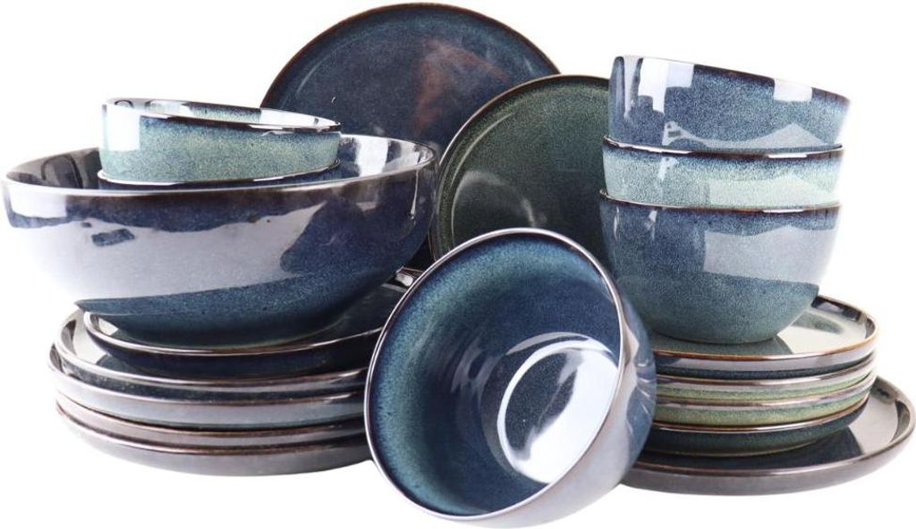 OTIX Serviesset 19-teilig Teller-Set Salatschüssel Frühstücksteller Speiseteller Suppenschüssel 6 Personen Blau EBONY