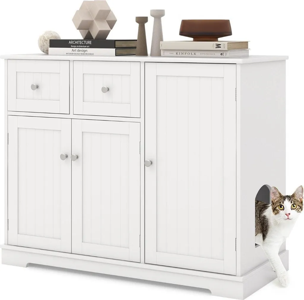 Meuble bois pour chat : cache-litière discret avec 2 tiroirs utiles