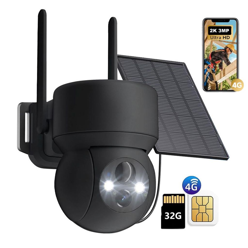 4G LTE Überwachungskamera Aussen Solar Akku mit SIM Karte Kabellos IP Kamera Outdoor Ohne WLAN 360° PTZ mit PIR Erkennung Farb-Nachtsicht mit 32G