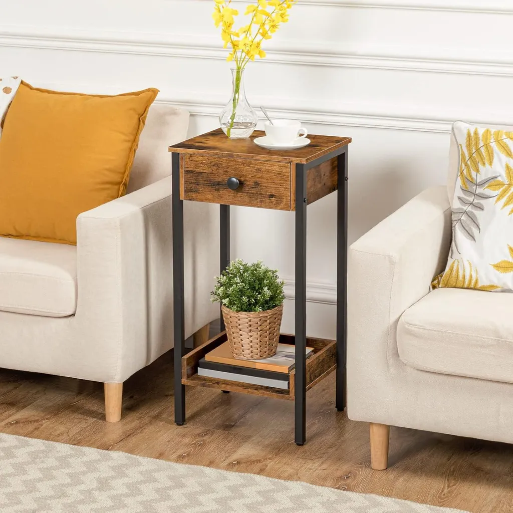 Petite table d'appoint avec tiroir et étagère brun rustique 40x40x55 cm