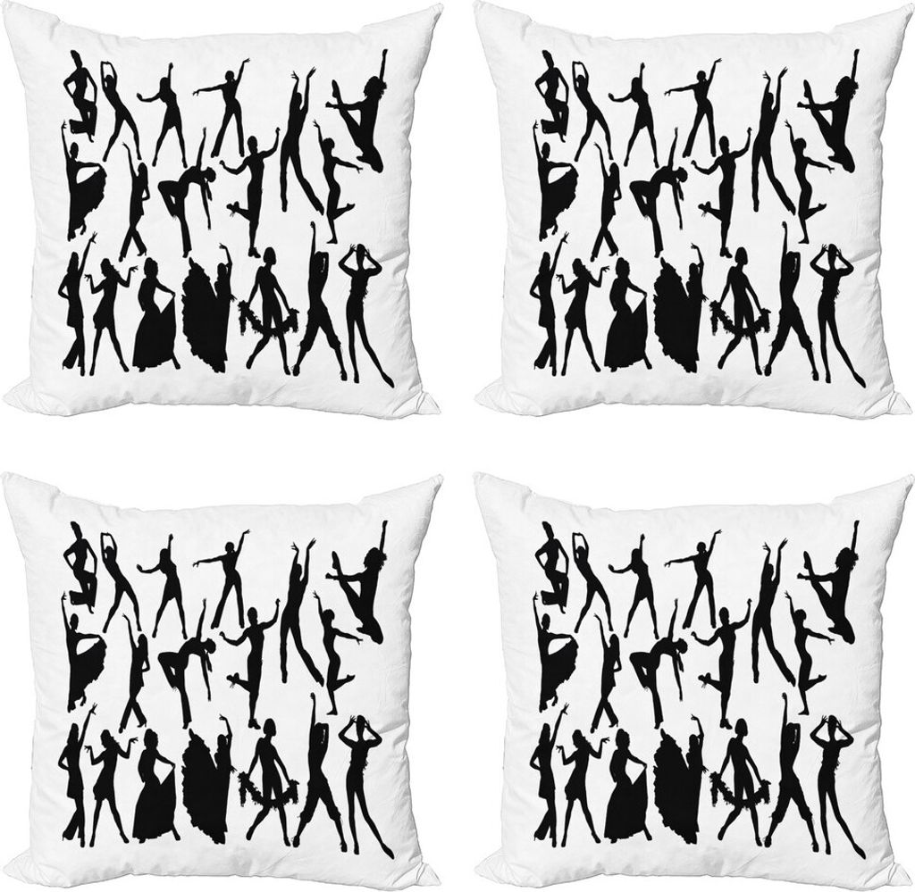 ABAKUHAUS Schwarz und weiß Kissenbezug Set (4 Stück), Tänzer-Silhouetten, Moderner Doppelseitiger Digitaldruck, 50 cm x 50 cm, Schwarz und weiß
