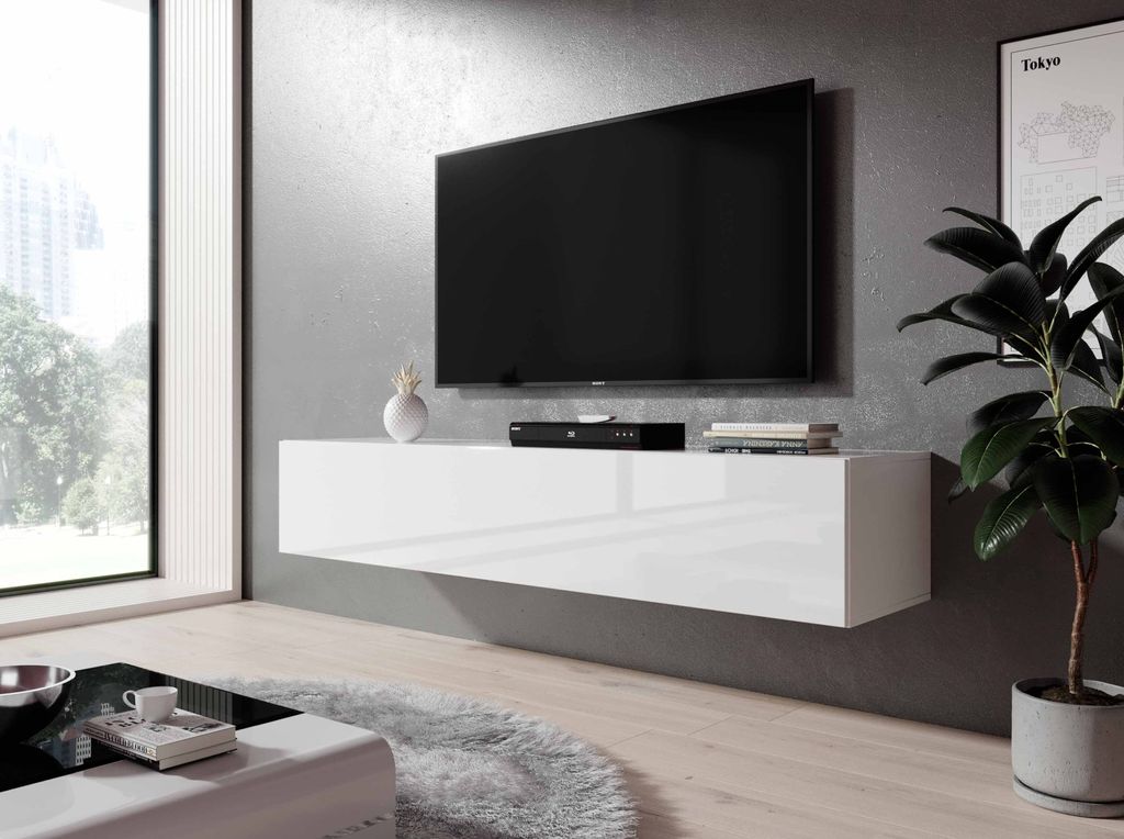 FURNIX TV Hängeboard ZIBO Lowboard TV-Schrank modern 160 cm breit  Weiß glänzend