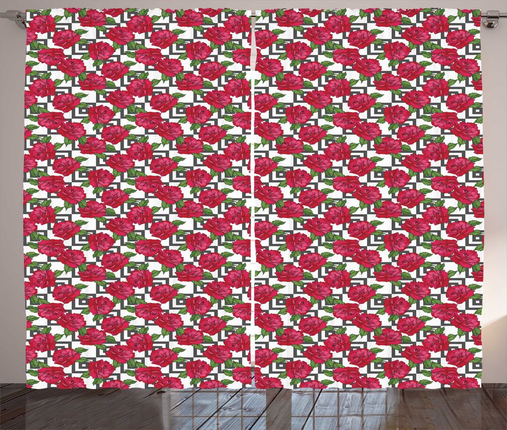 ABAKUHAUS Rosen Rustikaler Gardine, Blumen auf Nested Squares, Schlafzimmer Kräuselband Vorhang mit Schlaufen und Haken, 280 x 175 cm, Mehrfarbig