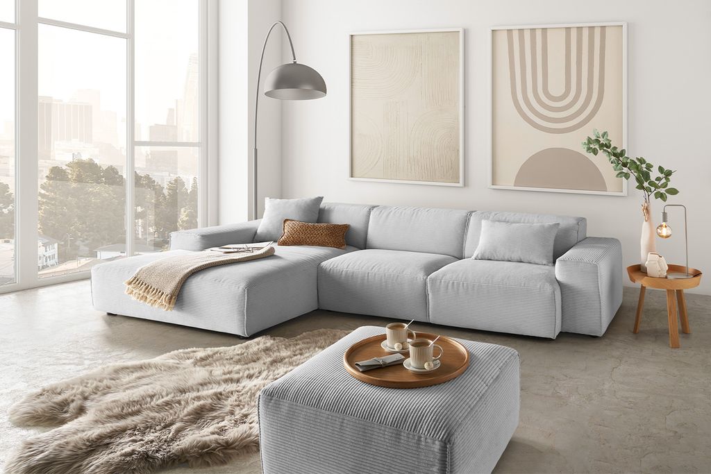 KAWOLA Sofa RANI Ecksofa Cord hellgrau Recamiere links