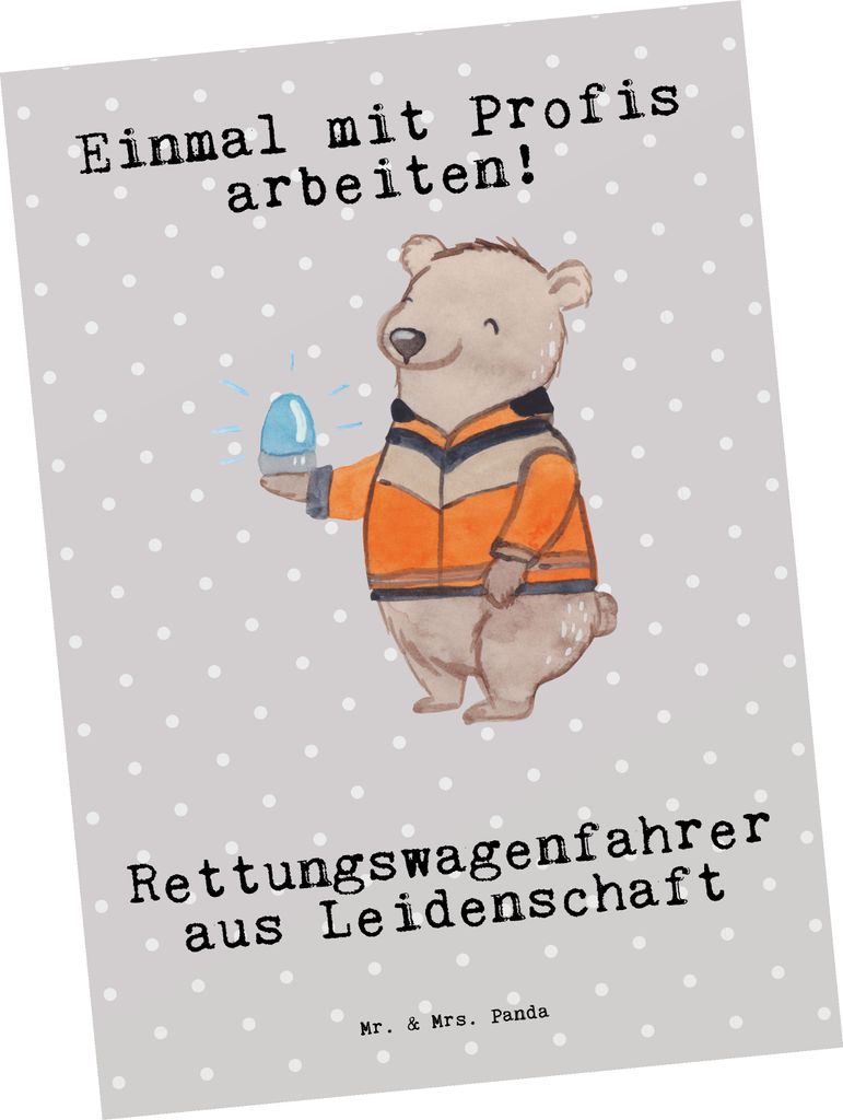 Mr. & Mrs. Panda Postkarte Rettungswagenfahrer Leidenschaft - Grau Pastell - Geschenk, Grußkarte, bildkarte, Fotokarte, Ansichtskarte, Postkarten