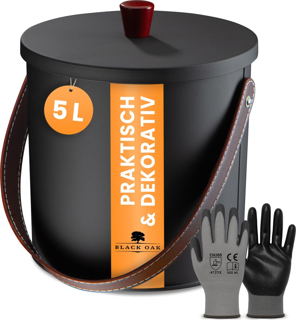 BLACK OAK Ascheeimer TOBA 5L – schwarz mit Deckel & Produktbild 