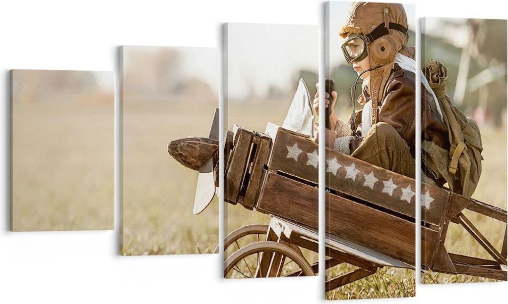 Bild auf Leinwand - Leinwandbild - 5 Teile - Kindheit Flugzeug Spielzeug - 100x60cm - Wand Bild - Wanddeko - Wandbilder - Leinwanddruck - Bilder - ...