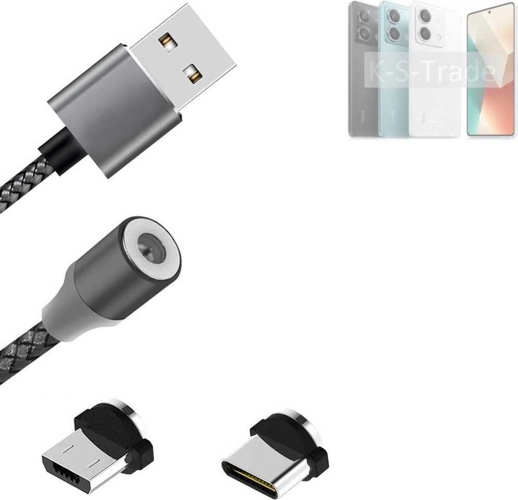 K-S-Trade Hochwertiges Magnet-Lade-kabel Sync-Kabel Daten-Kabel kompatibel mit Xiaomi Redmi Note 13 5G mit USB-Typ-C-Anschluss und Micro-USB-Anschluss