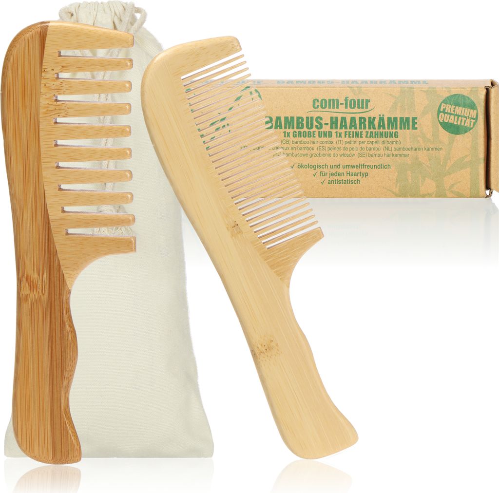 COM-FOUR 2-teiliges Premium Set Bambus-Haarkamm, Haarkämme aus Bambusholz, nachhaltiger Holzkamm aus Massivholz, Frisierkämme für jeden Haartyp