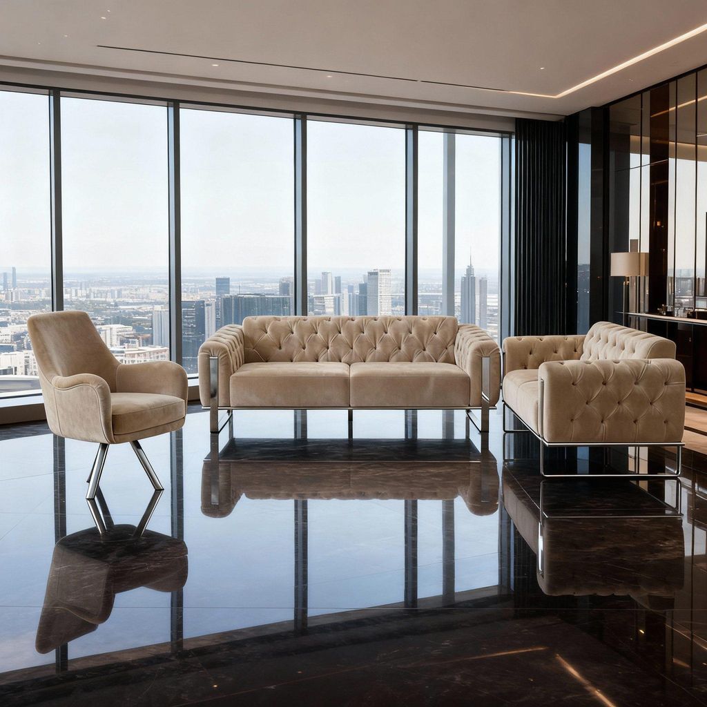 Sofa Liva in Knopfheftung Spar-Set, 3-Sitzer mit Schlaffunktion Farbe: chromfarben | Beige Ausführung: 3-Sitzer + 3-Sitzer + Sessel