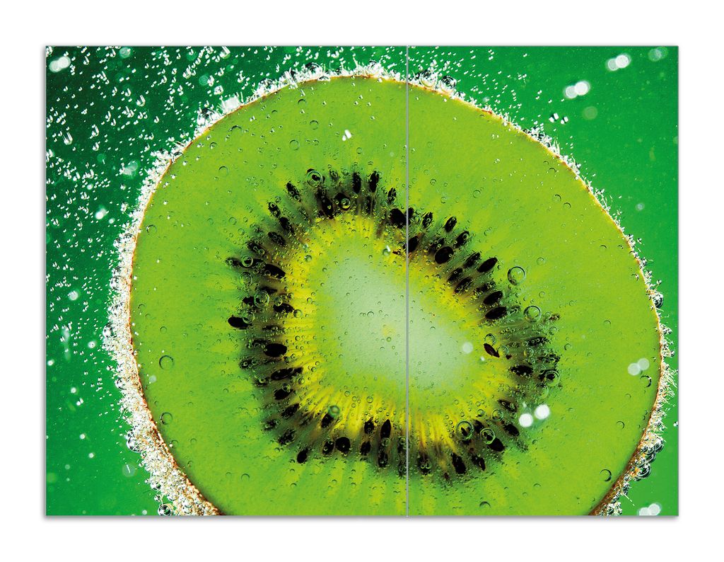 Wallario Herdabdeckplatte aus Glas, Größe 70 x 52 cm 2-teilig, Motiv Grüne Kiwi-Scheibe im Wasser