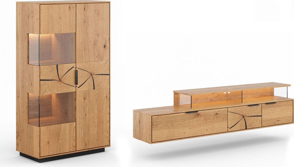 Wohnwand Tirano Wohnzimmer-Set Massivholz geölt Ausführung wählbar,Vitrine, Lowboard,Eiche Natur / Absetzung Hirnholz