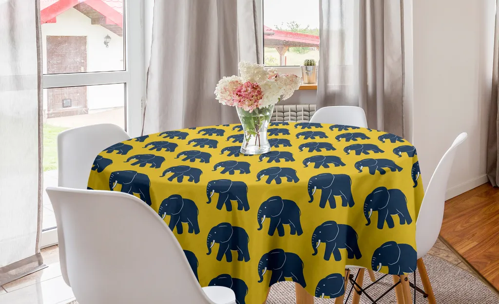 Offerta Tovaglia Rotonda 150cm ABAKUHAUS Elefanti Blu Giallo