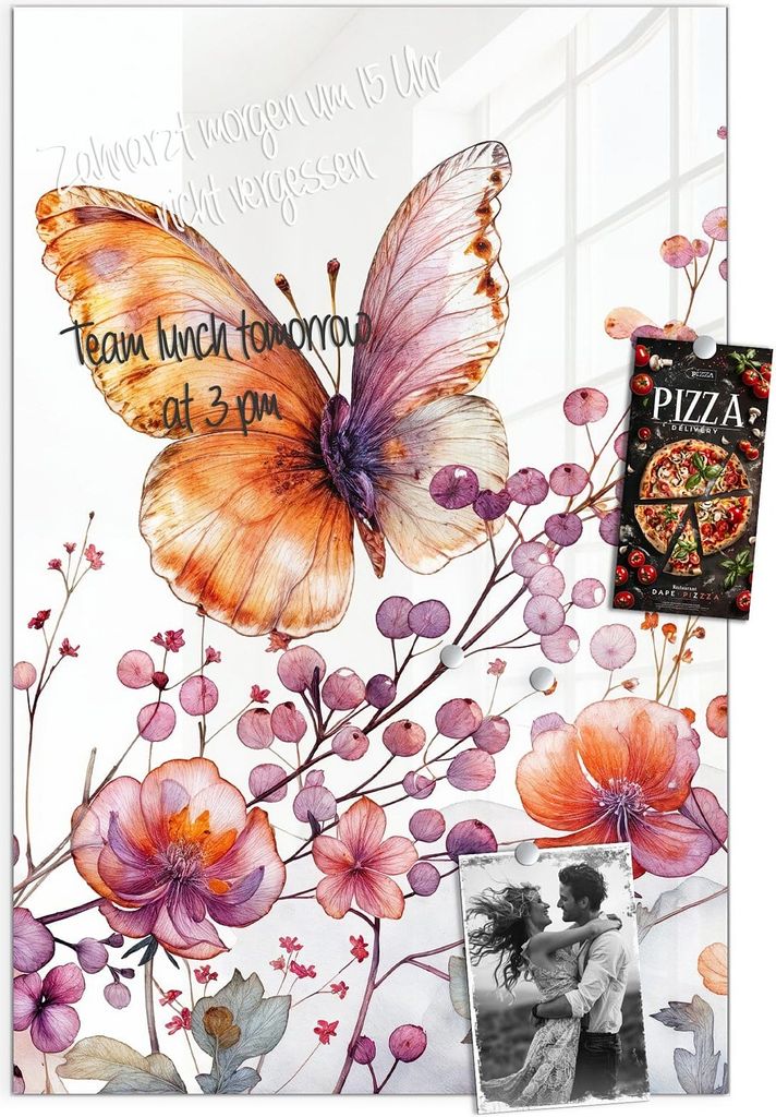 Magnettafel 60x90cm Pinnwand Whiteboard beschreibbar - Blumen und Schmetterlinge