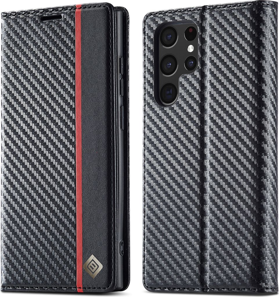 Hülle für Samsung Galaxy S22 Ultra 5G Kohlefaser Leder Brieftasche Schutzhülle mit Standfunktion Schwarz Vertikale Rot