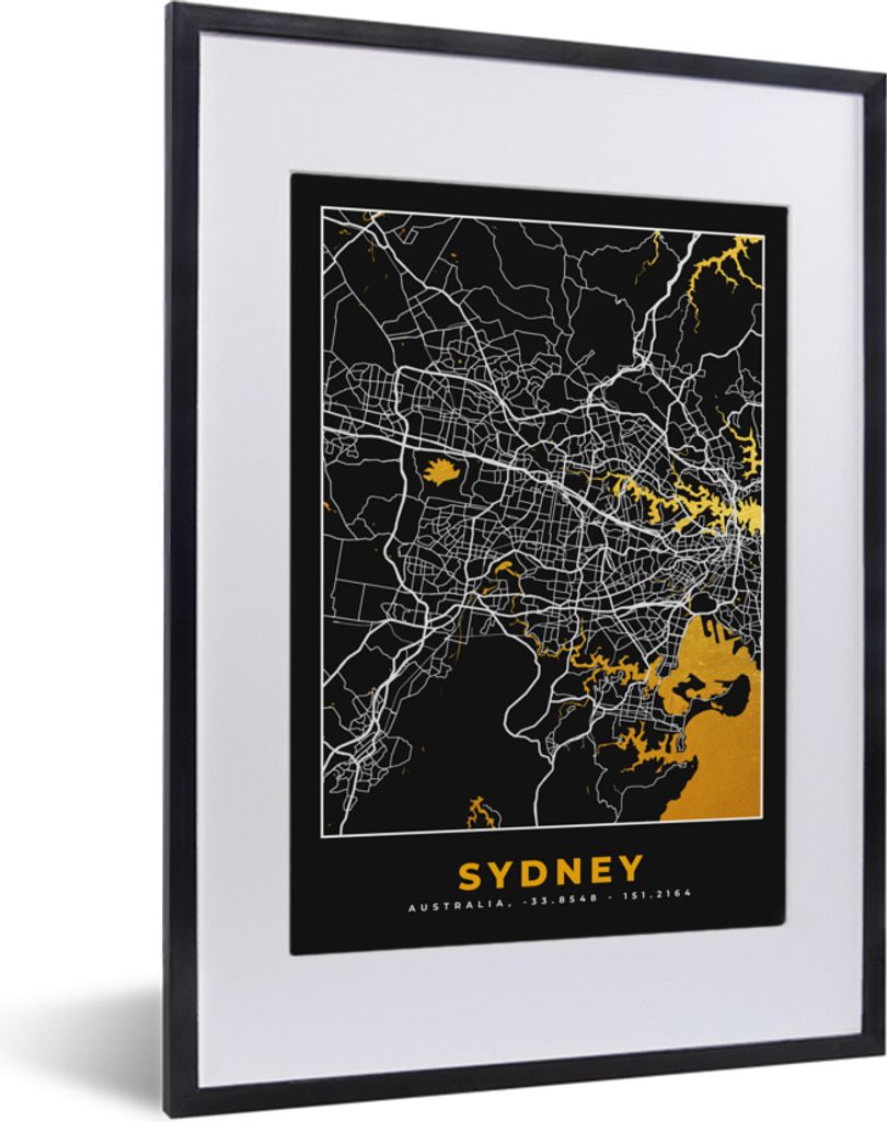 MuchoWow Gerahmtes Poster Sydney - Stadtplan - Gold - Karte 30x40 cm - Poster mit Schwarzem Bilderrahmen Wandposter Rahmen Foto Bilder - Wandpost...