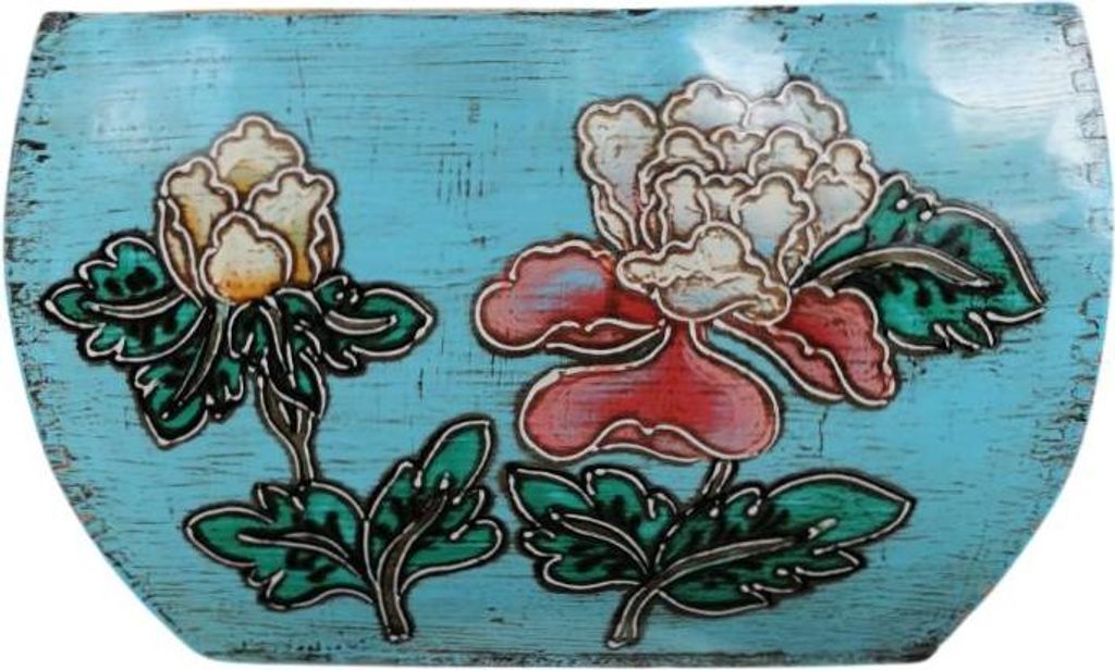 Fine Asianliving Antique Chinese Wooden Handpainted Basket Blue W35xD35xH25cm