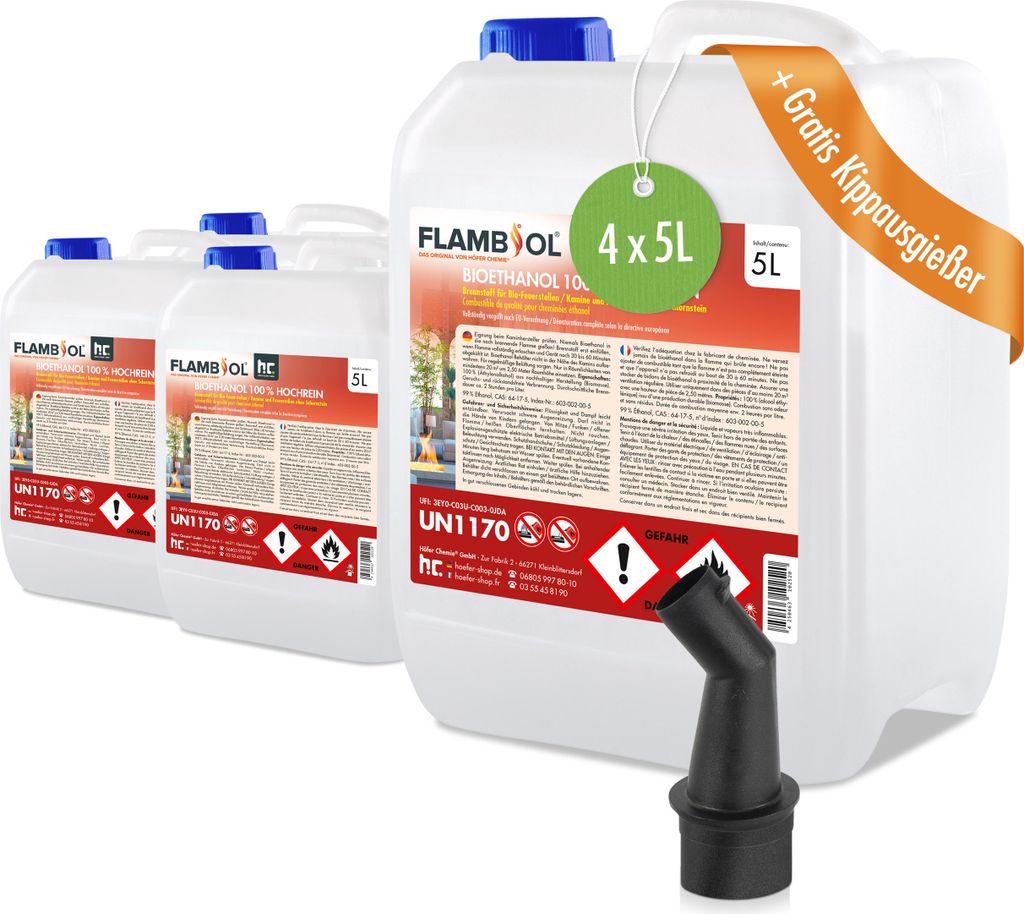 Four large plastic containers of bioethanol are shown, with one in the foreground and three behind it. A black pouring spout is also visible.