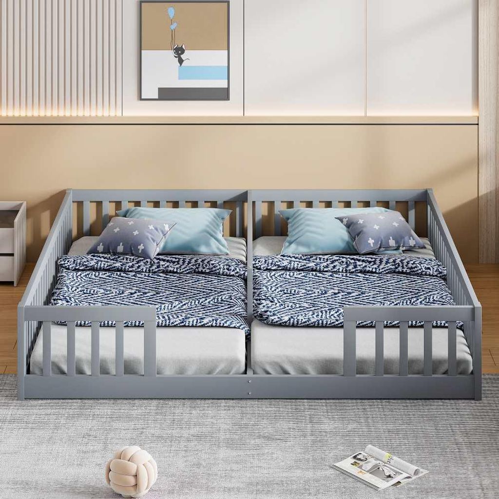 Zwillingskinderbett mit Sicherheitsgitter, Kiefernholz, Produktbild 