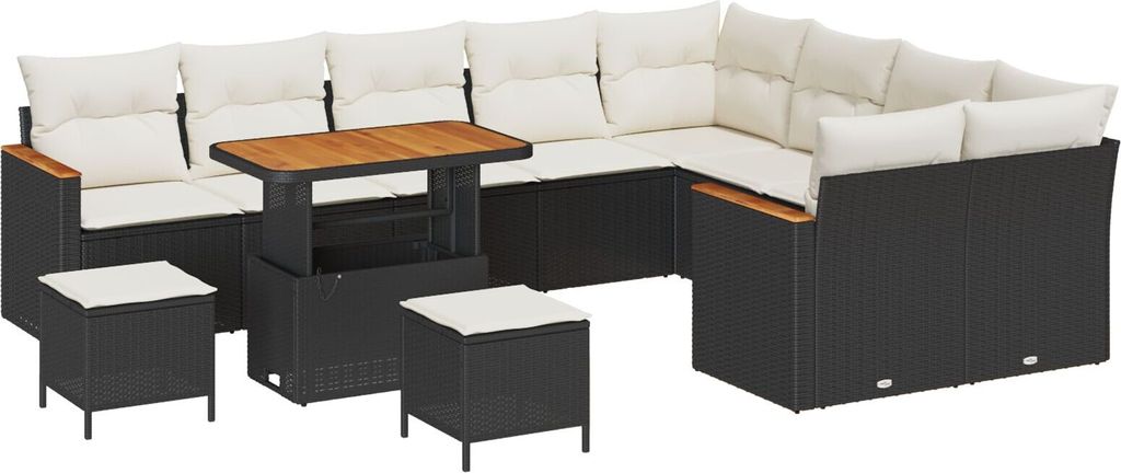 Best Möbel 12-teiliges Garten Sofa Set mit Kissen Schwarz Poly Rattan Akazie, 3-teiliges Garten Esstisch Set mit Kissen Schwarz Poly Rattan Akazie...