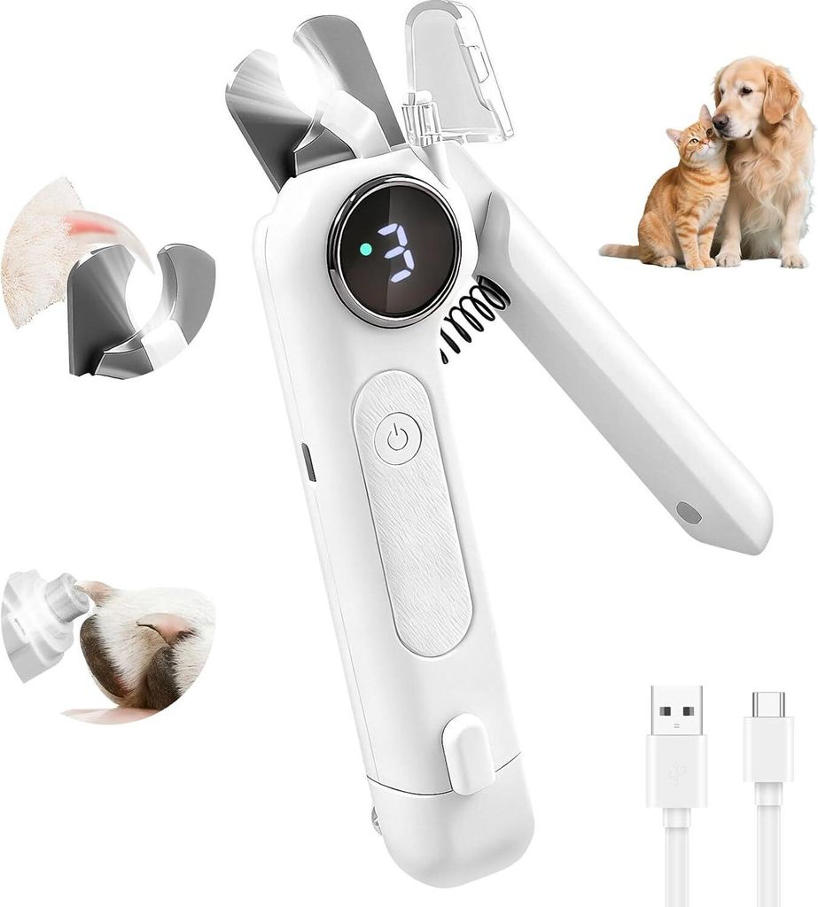 Haustier Nagelpflege 2-in-1 Elektrisch für Hund & Katze, Nagelschneider + Feile, 3 Geschwindigkeiten, LED Beleuchtung, USB Aufladung, Weiß