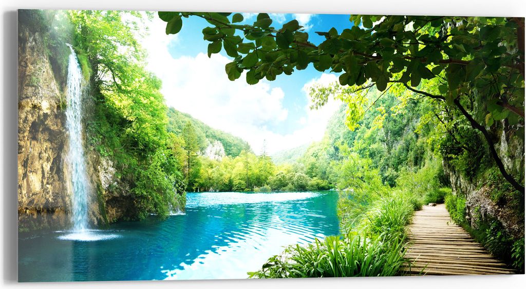DEQORI Glasbild Echtglas 60x30 cm 'Wasserfall im grünen Wald' Wandbild Bild modern Deko