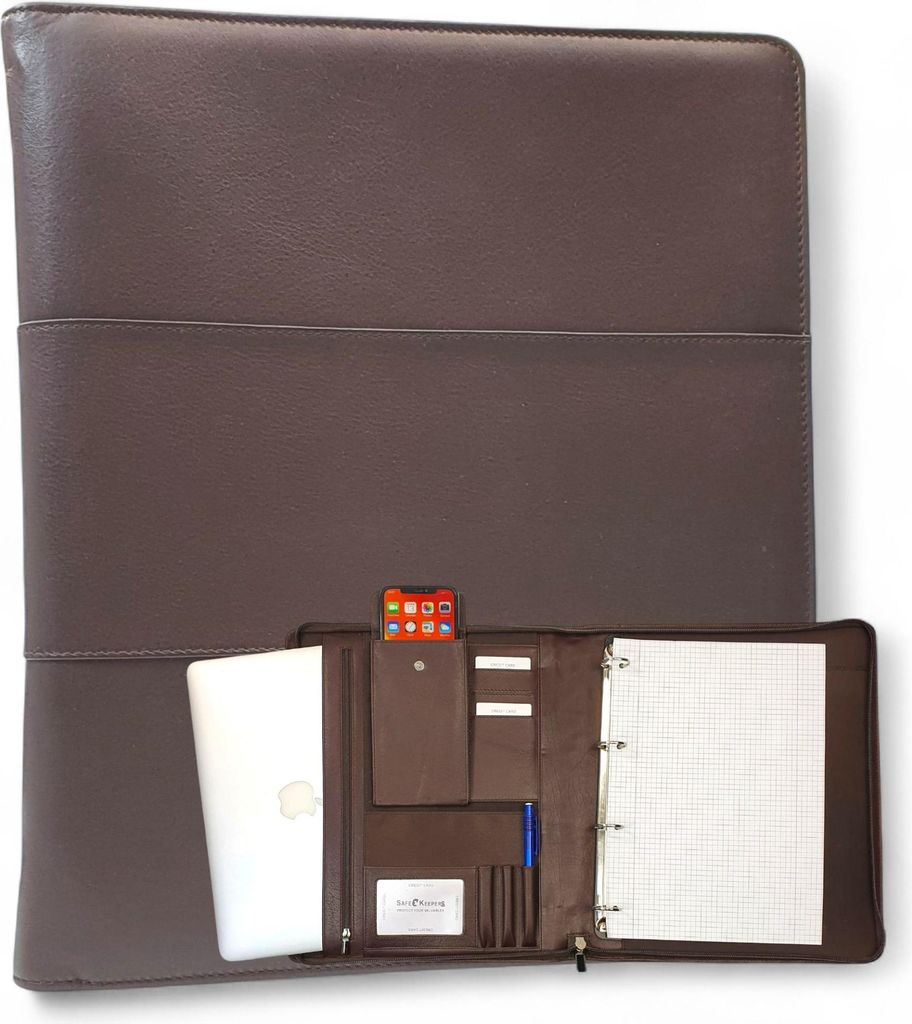 Safekeepers Paris Leder Schreibmappe - Konferenzmappe - Dokumentenmappe A4 - Tablet-Hülle & Laptop-Hülle - abnehmbare Ringmappe - Dunkelbraun