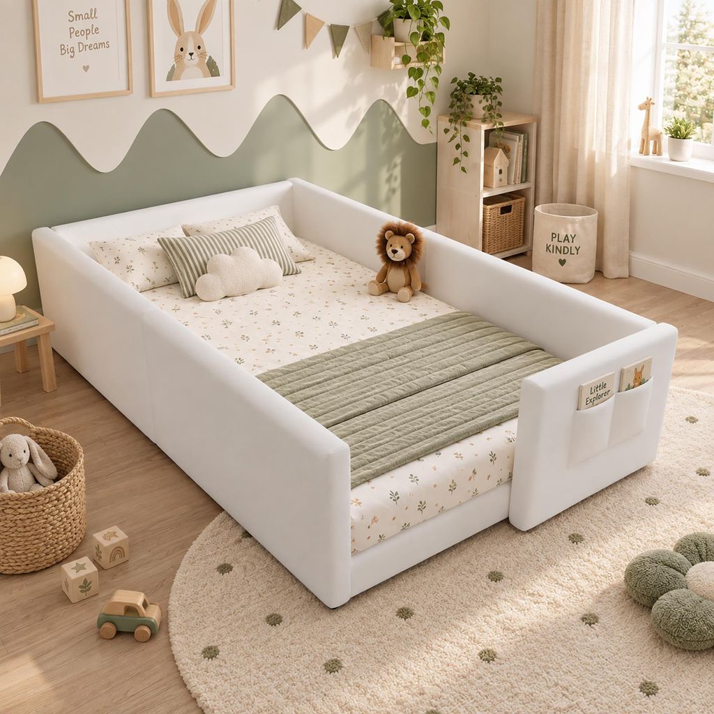 Babybed 90 x 200 cm, laag bed met kussentop en zijvak, wit Productafbeelding 