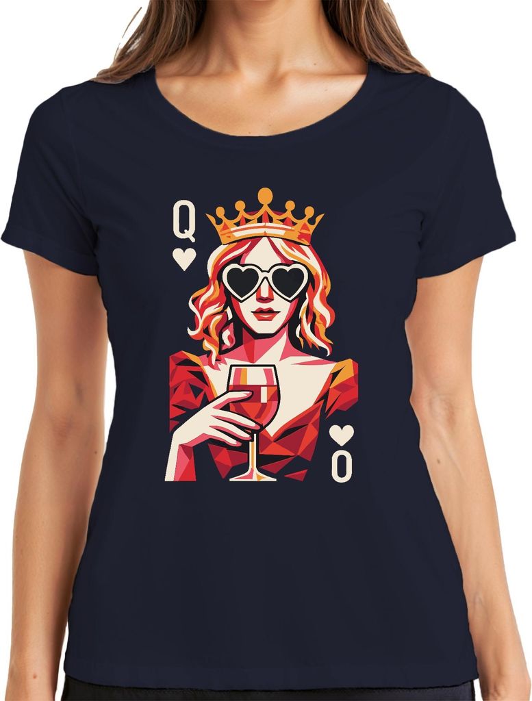 Königin der Herzen Weinglas PopArt Krone Herzbrille Wein Retro Damen T-Shirt, Navy, L