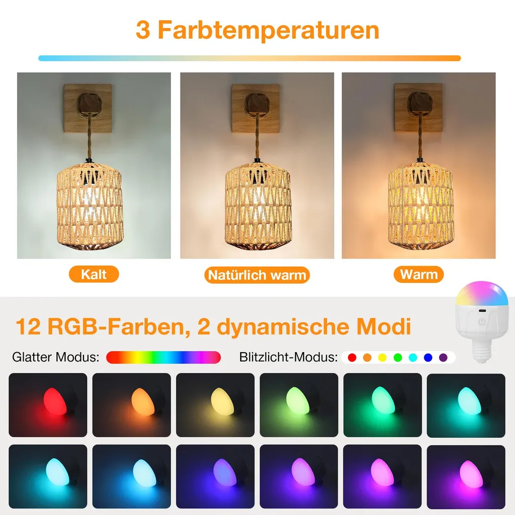 2 Applique LED Da Parete Boho In Rattan - Ricaricabili Con Telecomando E Luci RGB 16 Colori