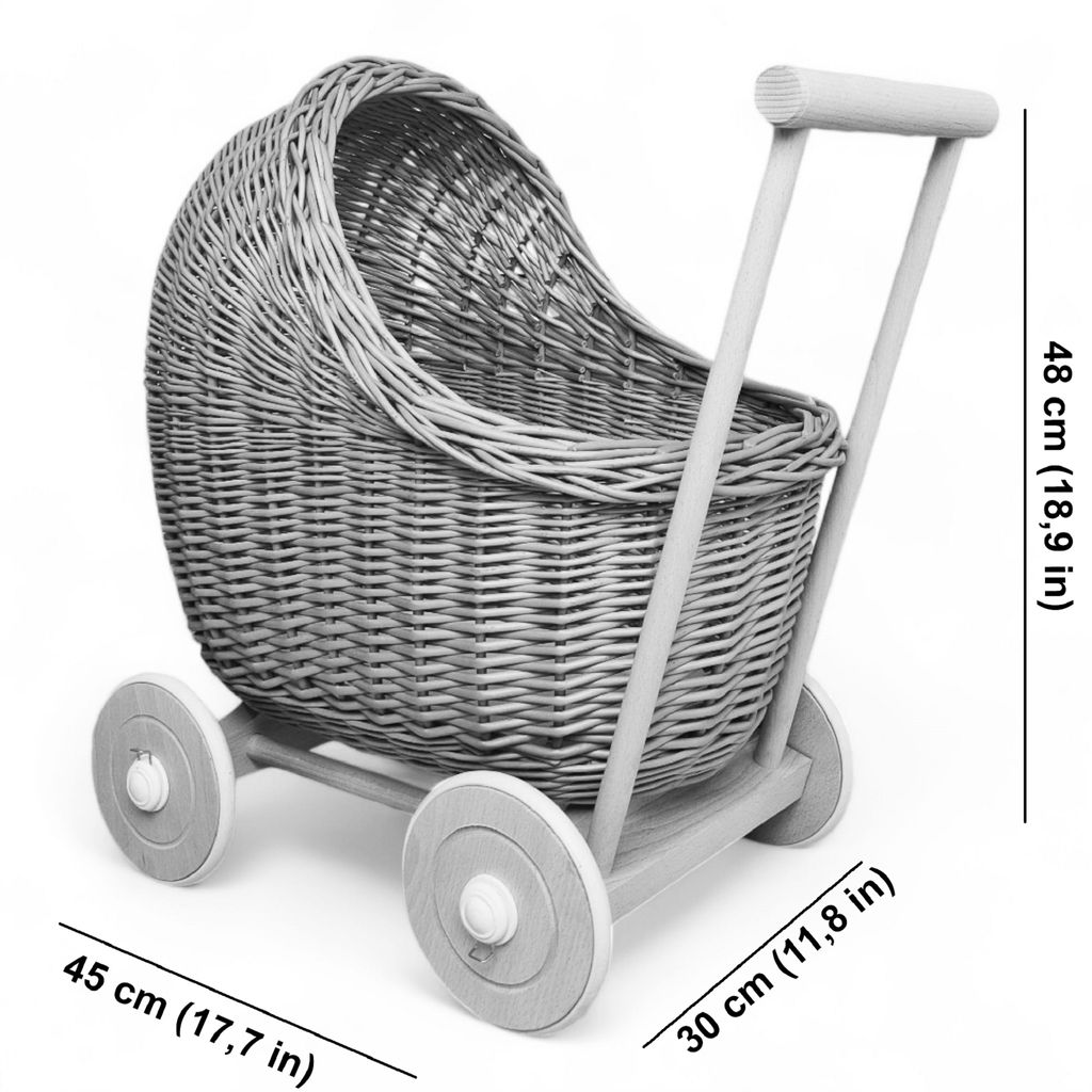 WikliBOX - Puppenwagen aus weiden, natur Dumpy mit Bettzeug