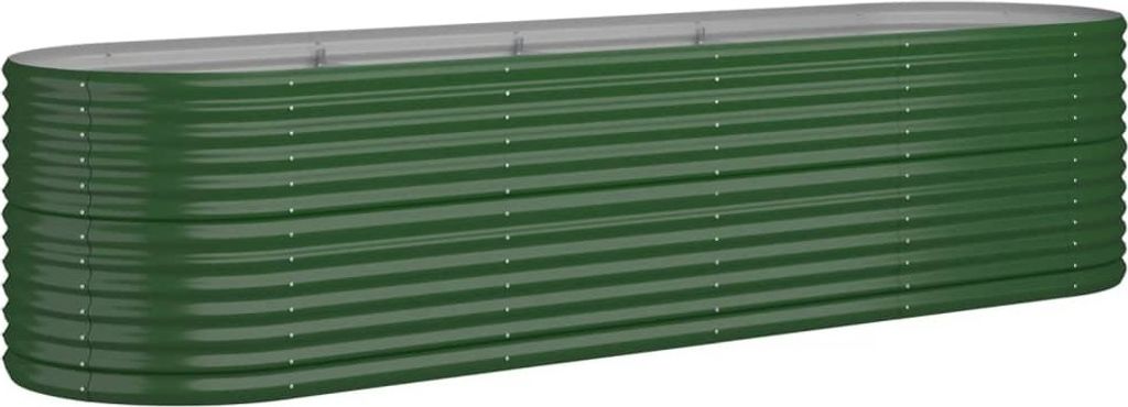 A long, oval-shaped raised garden bed made of green corrugated metal.