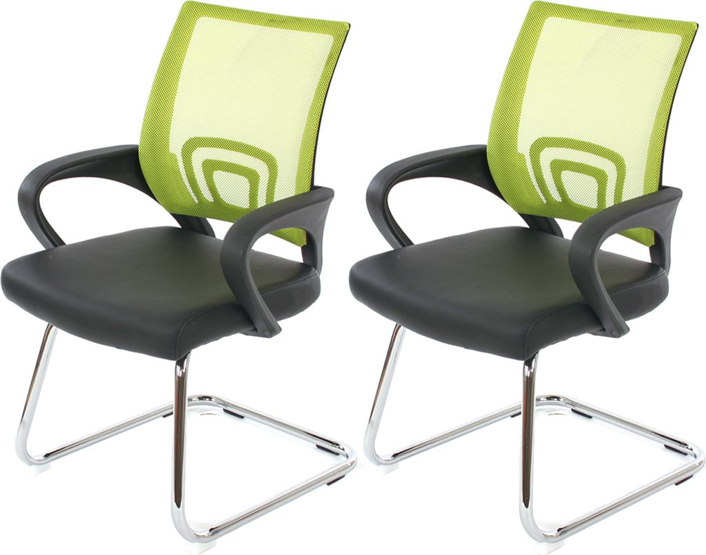 Two conference chairs with green mesh backs and black faux leather seats on chrome cantilever bases.