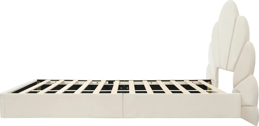 Lit rembourré 90x200cm en velours beige avec tête de lit pétale chic