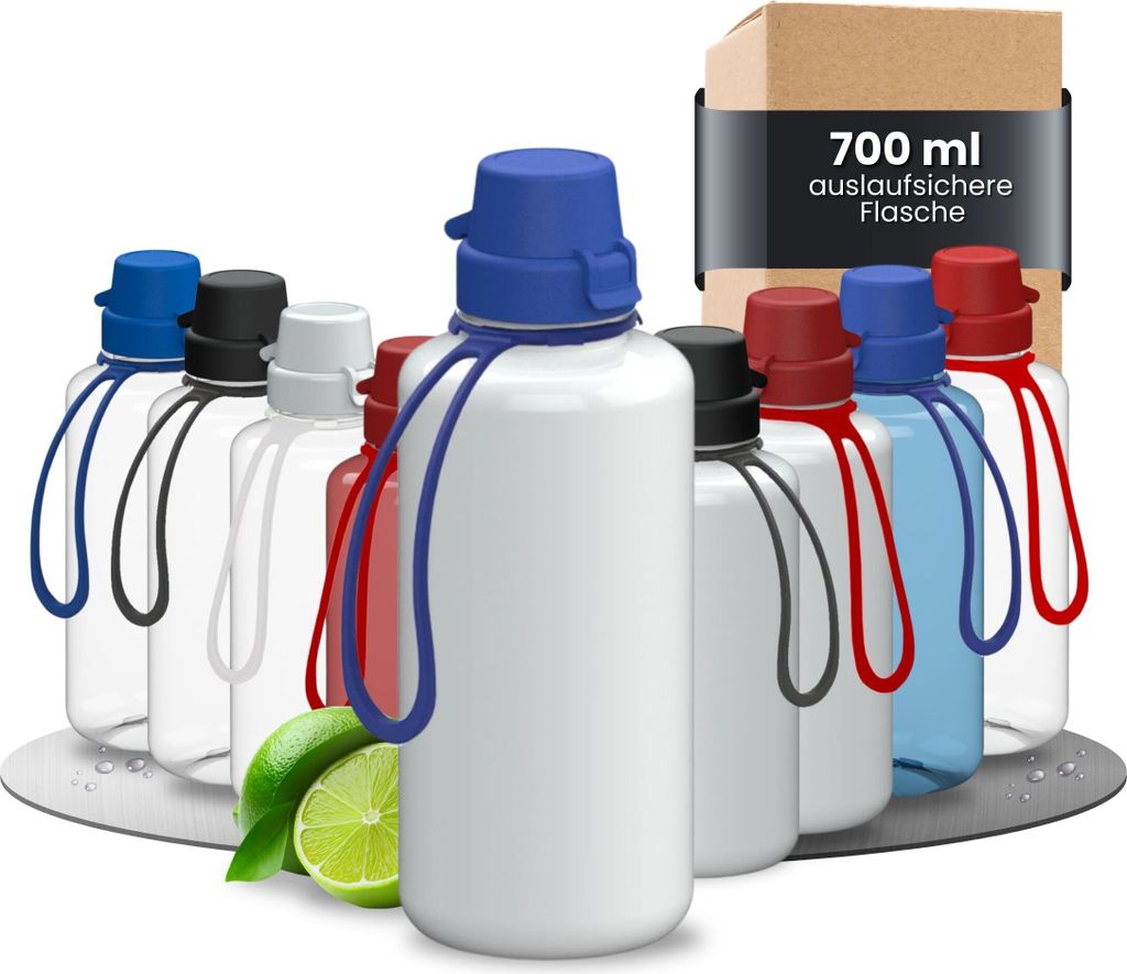 Trinkflasche Kinder 'School' 700 ml - bruchsichere Tritan Wasserflasche inkl. Strap - BPA-frei, auslaufsicher, spülmaschinenfest - weiß/blau