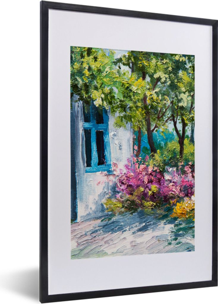 MuchoWow Gerahmtes Poster Malerei - Pflanzen - Blumen - Haus - Öl 40x60 cm - Poster mit Schwarzem Bilderrahmen Wandposter Rahmen Foto Bilder - P...
