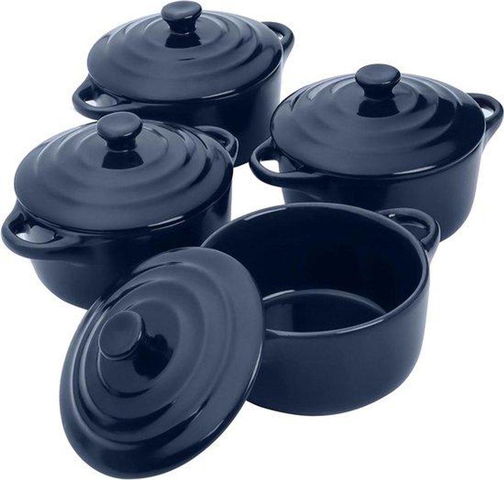Mini-Stoofpot Pannetjes mit Deckel 4 Stück - 170ml Rund Blauw - Schüsseln Ramequins für Braten - Soufflé - Creme Brûlée & Lasagne
