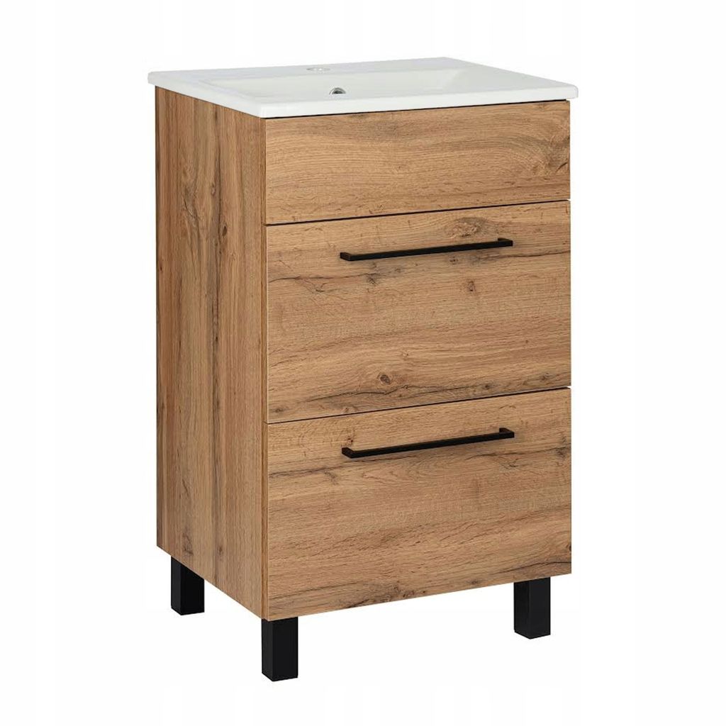 A standalone bathroom vanity with a sink and two drawers, presented against a white background.