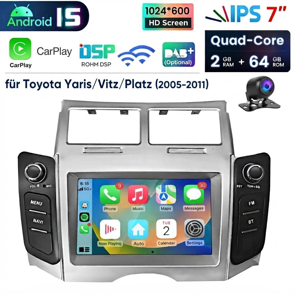 Carplay Autoradio Für Toyota Yaris 2005-2011 Android 15 GPS Produktbild 