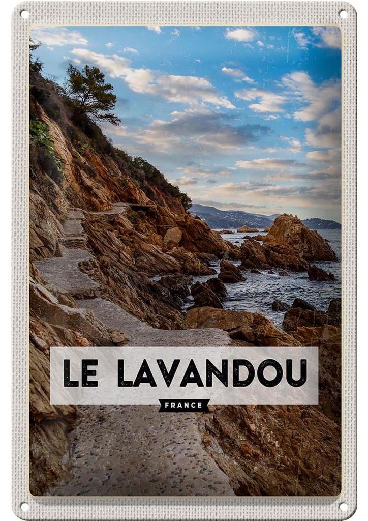 Blechschild Reise 20x30cm Le Lavandou France Berge Meer Urlaub