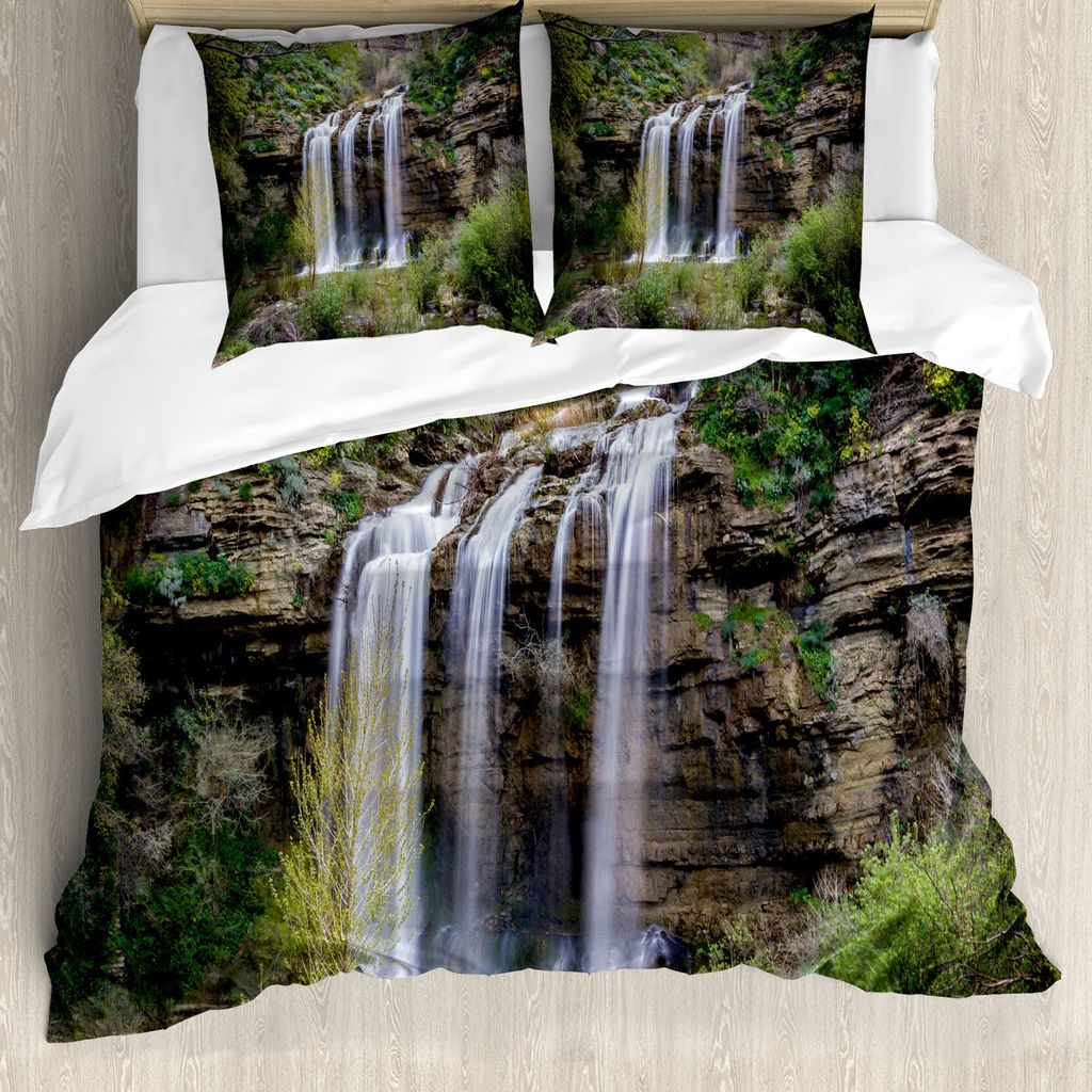 ABAKUHAUS Natur Bettbezug, Wasserfall Wald Sizilien, Milbensicher Allergiker geeignet mit Kissenbezügen, 200 cm x 200 cm - 80 x 80 cm, Braun, Grü...