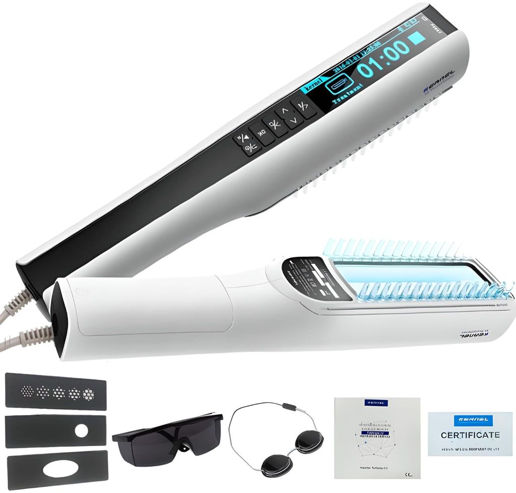 A professional product shot of a light therapy device and its accessories against a white background.