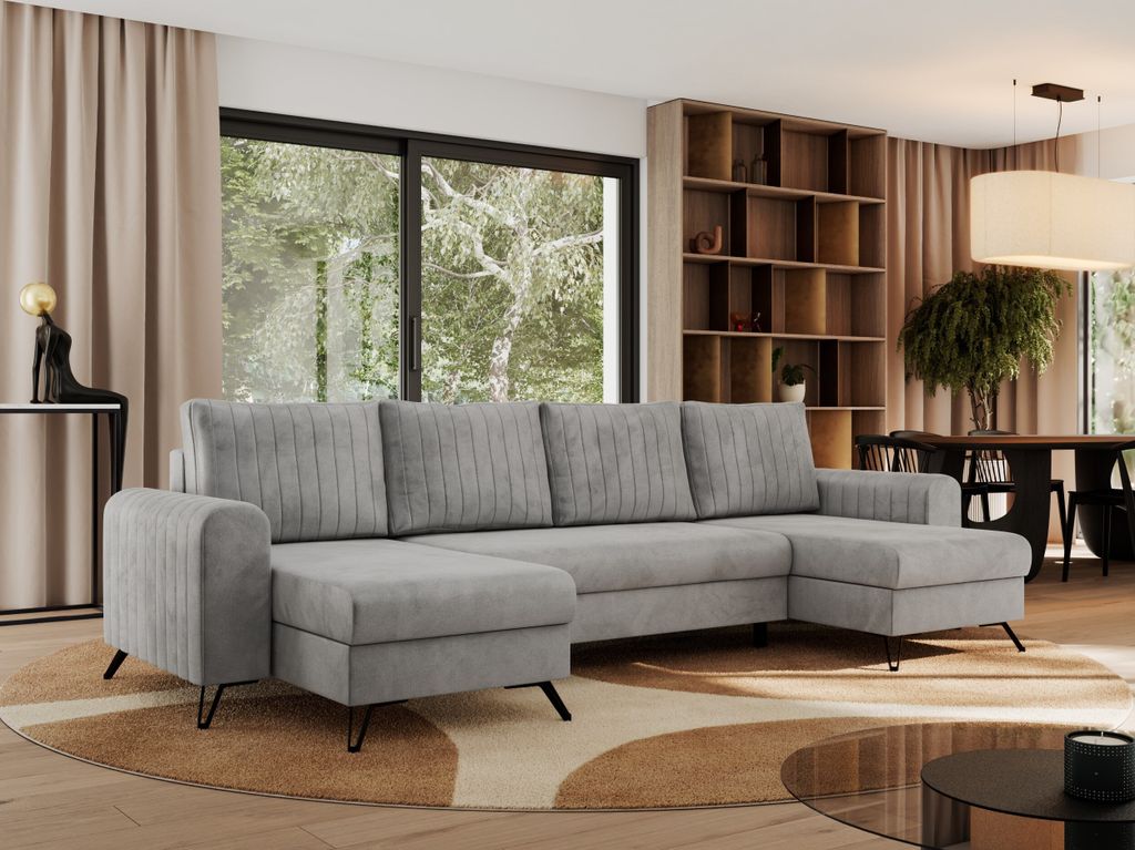 Ecksofa für das Wohnzimmer, AXEL U Ecksofa mit losen Kissen, drei Bettkästen, U-förmiges Ecksofa mit Armlehnen, Universalecke mit schwarze Metal...