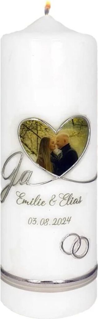 Hochzeitskerze "Foto im Herz, Schriftzug JA" 220 x Ø 70 mm mit Namensverzierung