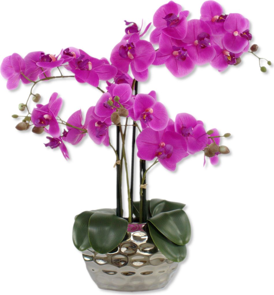 Kunst-Pflanze Orchidee ovaler Topf silber hochglanz und lila Blüten 53cm hoch künstliche Blume Phalaenopsis