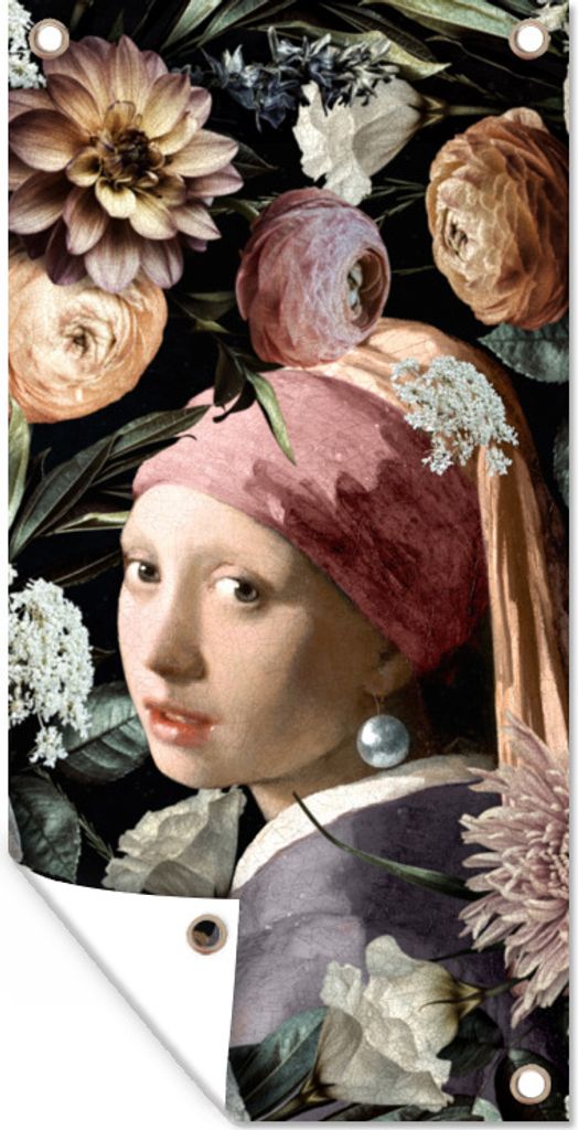MuchoWow 80x160 cm Outdoor-Poster Gartendeko Sichtschutz Garten Poster für den Garten Mädchen mit Perlenohrring - Blumen - Vermeer - Pastell -...